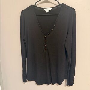 Market & Spruce Black Long Sleeve V-Neck Top with Gold Bead Accents